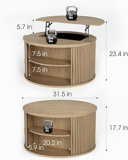 SULIVES Round Coffee Table with Lifting Top, Multifunctional Drum Coffee Table with Sliding Door, Small Fluted Center Table for Living Room, Oak