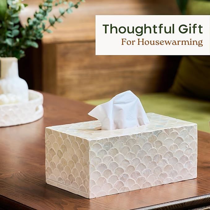 CHI AN HOME Rectangular Capiz Tissue Box Cover, Decorative Mother of Pearl Inlay Tissue Box Holder for Bedroom, Bathroom, Kitchen, and Office, Rectangle Tissue Box Cover White (10.25” x 5.9” x 4.33”)