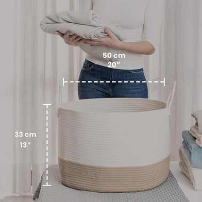 OrganiHaus Large Woven Storage Basket for Blankets and Toys 20" x 13" Inch, Rope Laundry Basket with Handles, Cushions & Pillows Storage Bin, Nursery Hamper, Soft Round Dog Toy Bin - Honey/Off-White