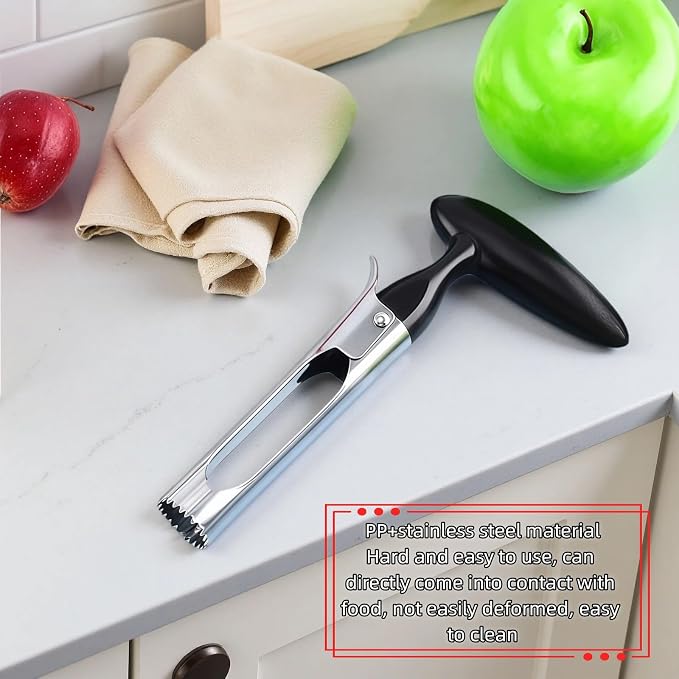 Premium Stainless Steel Apple Corer, Professional Fruit Core Remover Tool with Ergonomic Black Handle, Serrated Blades for Apples, Pears, Peaches, Plums, Easy Use & Clean (Black)