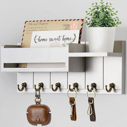 Key Holder Wall Mount - Key Hooks for Wall Decor Living Room - Wooden Key Hanger Rack and Mail Organizer with Shelf for Home Essentials - Modern Entryway House Decor Aesthetic
