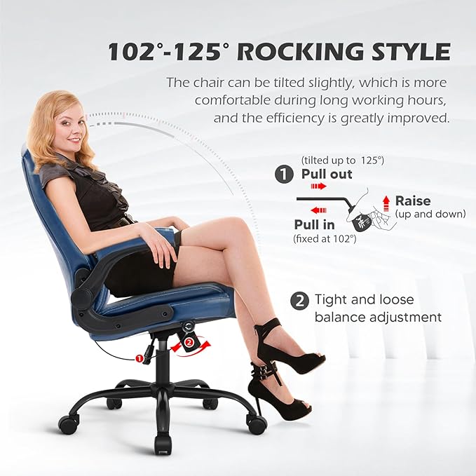 YAMASORO Executive Office Chair,Big and Tall Ergonomic Desk Chair with Adjustable Lumbar Support,Breathable PU Leather Computer Chair wih Flip-up Arms and Wheels,Navy Blue