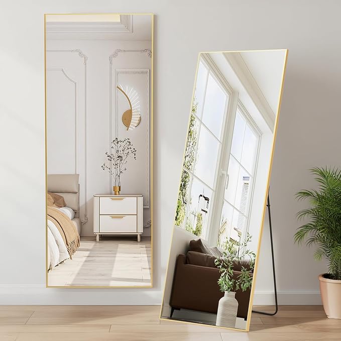 NEWBULIG Mirror Full Length, 56"x21" Body Wall Mirrors with Shatter-Proof Glass, Upgraded Floor Standing Mirror, Hanging or Leaning, with Stand Aluminum Alloy Frame for Home Decor, Bedroom, Gold