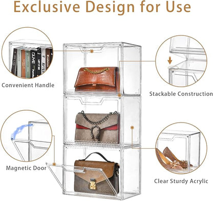 3 Pack Clear Storage Bins with Lids, Storage Containers with Magnetic Door, Stackable Acrylic Display Case for Handbags, Cosmetic, Multifunctional Storage Boxes for Dorm, Living Room, Bedroom Storage