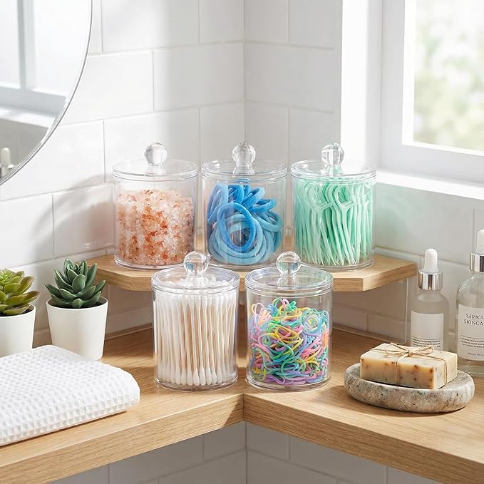 SheeChung 12 Pack Qtip Holder, Clear Acrylic Apothecary Jars with Labels- Shatterproof Bathroom Vanity Organizer for Cotton Swabs,Balls,Pads-Minimalist storage- (6) 12oz &(6) 15oz