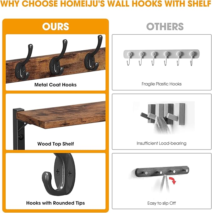 Homeiju 28.7" Coat Rack Wall Mount with Shelf, Key Hooks for Wall with Shelf, Coat Hooks Wall Mounted with 8 Heavy Duty Double Hooks for Bedroom,Living Room, Rustic Brown (8 Hooks)