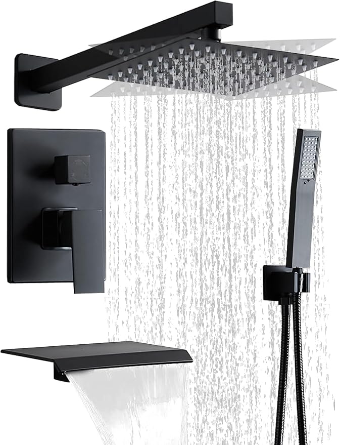 Matte Black Shower Faucet 12 Inch Set with Tub Spout, Shower Head and Handle with 2 Hooks Rain System Square Wall Mount for Bathroom