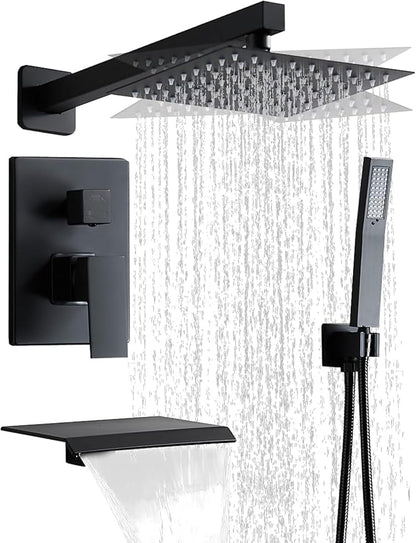 Matte Black Shower Faucet 12 Inch Set with Tub Spout, Shower Head and Handle with 2 Hooks Rain System Square Wall Mount for Bathroom