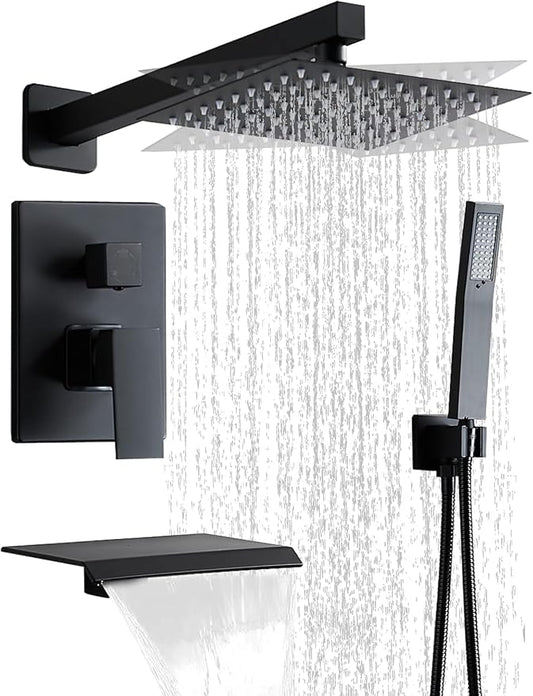 Matte Black Shower Faucet 12 Inch Set with Tub Spout, Shower Head and Handle with 2 Hooks Rain System Square Wall Mount for Bathroom