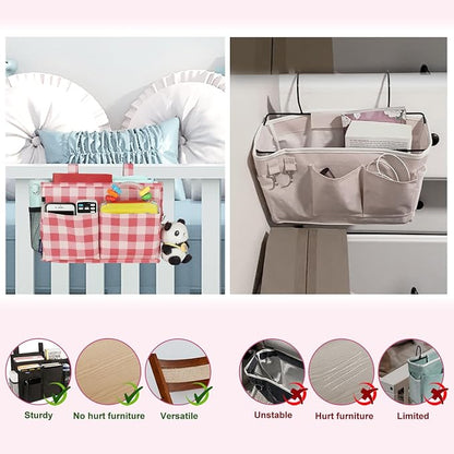 Surblue Bedside Caddy Hanging Bed Organizer Storage Bag Pocket for Bunk and Hospital Beds, College Dorm Rooms Baby Bed Rails, Camp 4 Pockets and 2 Hooks (Small,Red Plaid)