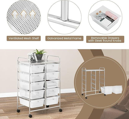 LDAILY 10 Drawer Rolling Cart, Storage Cart Organizer on Wheels, Drawer Cart with Metal Frame & Large Storage Capacity, Rolling Cart with Drawers for Living Room Classroom, Office
