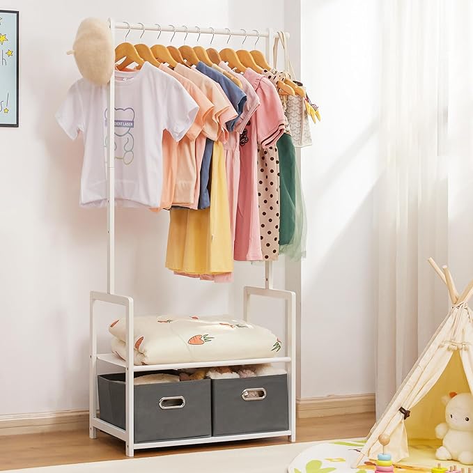 Kids Clothing Rack Bamboo with 2 Storage Baskets and 2 Adjustable Hanging Rods,Child Garment Holder with Shelf, Dress up Stand for Playroom,Toddlers Bedroom (White)
