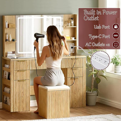 47.2" Fluted Makeup Vanity Desk with Large 28.7" Mirror and Lights, 5 Drawer Vanity with Power Strip, 6 Open Shelves, 2 Cabinet, Modern Bedroom Vanity Featuring Visual Transparent Glass