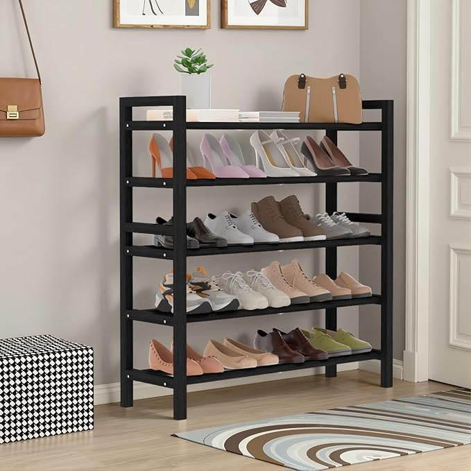 Haddockway Bamboo Shoe Rack for Closet, Free Standing Shoe Organizer with Smooth Round Rods & Convenient Handles, Stackable Shoe Storage Shelf for Entryway, Hallway(Black, 5-Tier)