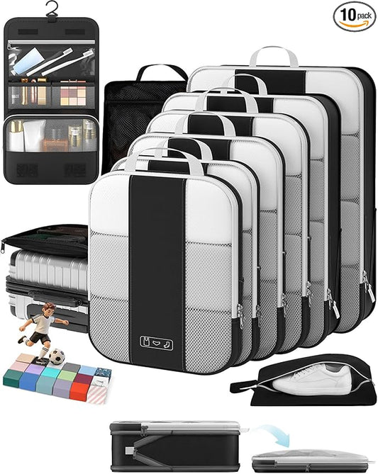 10 Set Compression Packing Cubes for Travel Essentials,Compressible Expandable Packing Cubes for Suitcase,OlarHike Luggage Garment Bags for Travel,Handy Helper for Organizing Clothes(Black)
