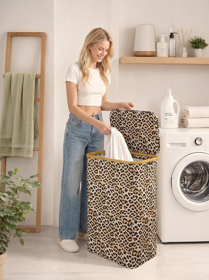 iEGrow Laundry Hamper with Lid, 110L Large Laundry Basket with Handle, Collapsible Clothes Basket Organizer with Removable Inner Bag for Clothes Towels - Leopard print