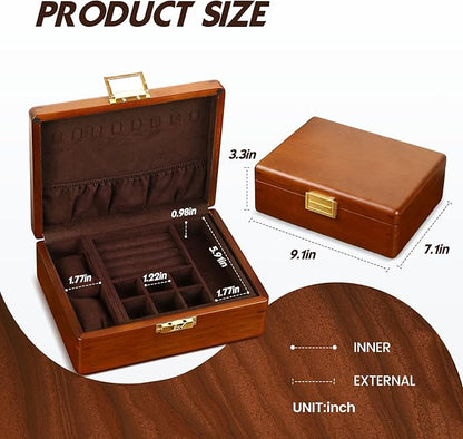 Solid Walnut Wood Jewelry Box with Lock,2 Layer Velvet Wood Jewelry Organizer Storage Lined for Earrings Rings Necklaces Bracelets Cufflink Gift Idea for Men Women, Vintage Brown