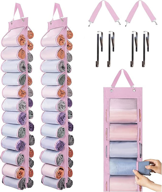 DHSFKBE Legging Organizer Storage, 2PCS T Shirt Organizer, Foldable Hanging Closet Organizer Storage with 26 Roll Independent Compartments for Yoga Pants, Tank Top, Towel, Underwear (Pink)