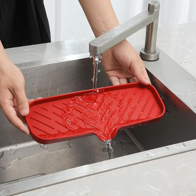 MicoYang Silicone Soap Dish with Drain Spout — Self-Draining Double Sink Organizer Tray for Kitchen & Bathroom, Dispensers, Sponges & Soap Holder, Non-Slip & Dishwasher Safe, Red (Large, 12"×4")