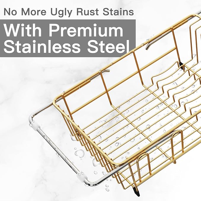 MAJALiS Gold Dish Drying Rack Over Sink with Utensil Holder, Drainboard | Expandable Stainless Steel Dish Drainer for Small Kitchen, Apartment, RV, Counter Space Saving, Perfect Fit, Rustproof