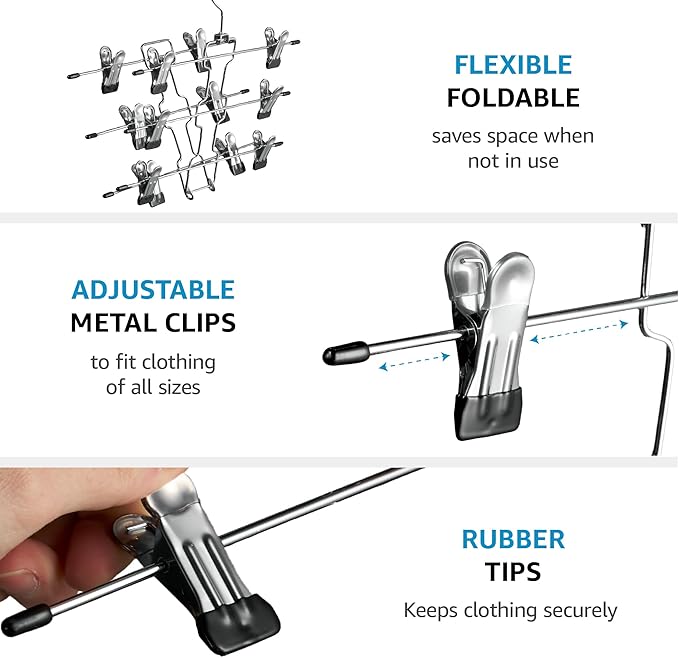 Zober 6-Tier Skirt Hangers with Clips - Metal, Non-Slip Space Saving Pants Hangers W/Adjustable Clips & Swivel Hooks - Skirt Hangers for Women (3-Pack)
