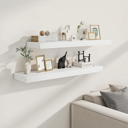 Fun Memories White Floating Shelves for Wall, 30 x 9 Inch Floating Shelf Set of 2, Rustic Natural Wood Wall Shelves, 9" Deep White Bathroom Shelves for Storage & Display