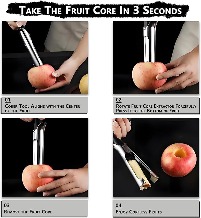 Stainless Steel Apple Corer, Instant Core Remover with Ergonomic Comfort-Grip Handle, Sharp Serrated Blade for Apples Pears Bell Peppers Jalapeños, Dishwasher Safe Kitchen Tool (Black)