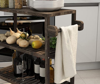 Interbuild 3 Tier Acacia Hardwood Kitchen Cart, Portable Rolling Trolley Cart Kitchen Storage Utility Cart with Towel Rack (Espresso)