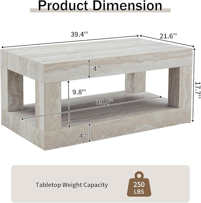 LKTART 39.37" Coffee Table with Storage, 2-Tier Mid Century Rectangular Accent Table with Thick Tabletop, Rustic Style Cocktail, Center Table for Living Room, Office, Apartment (Beige)