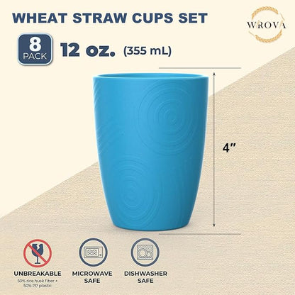Wrova Wheat Straw Cups 8 PCS Good Alternative to Plastic Reusable Cups 12 oz Unbreakable Drinking Cup Reusable Dishwasher Safe Water Plastic Glasses - Ocean Series