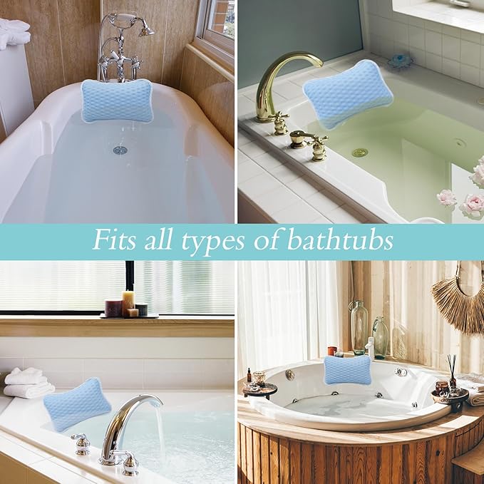 Bath Pillows for tub,Home Spa Pillows for Bathtub, Hot Tub,Head and Neck Support with 2 Strong Suction Cups,New Blue