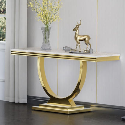 4 Piece Living Room Table Set Include 1 Faux Marble Coffee Table & 2 End Tables & 1 Console Table, Modern White Gold Coffee Table Set of 4 with Double O Shape Stainless Steel Pedestal Base