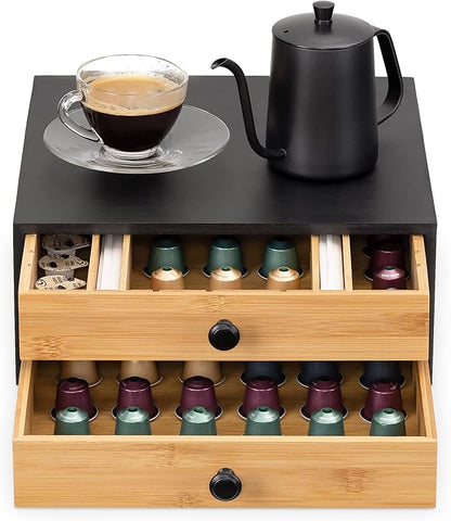 Navaris Bamboo Coffee Pod Drawer Organizer - Capsule Storage Holder Compatible with OriginalLine Capsules or Pods - 2 Drawers with Adjustable Dividers