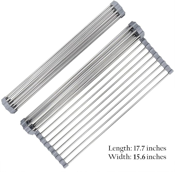 Hhyn Roll Up Dish Drying Rack Over The Sink 17.7"(L) x 15.6"(W), Multipurpose Foldable Stainless Steel Kitchen Rollable Drainer Rack, Gray