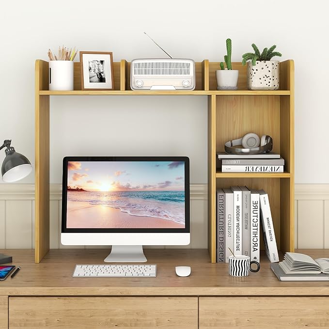 Desk Hutch, Desktop Shelf with 5 Shelves, Desk Bookshelf w/Anti-Toppling Devices, Wood Table Top Bookshelf Organizer, Small Desk Shelf for Study, Office, Dorm (Burlywood, 5 Shelves)