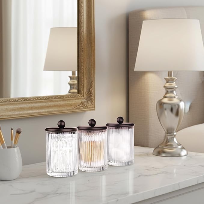 SheeChung 4-Pack Bronze Ribbed Glass Qtip Holder - Apothecary Jars Bathroom Organizer Set with Lids - Vanity Storage Canisters for Cotton Balls, Pads, Swabs, Floss Picks - Modern Farmhouse