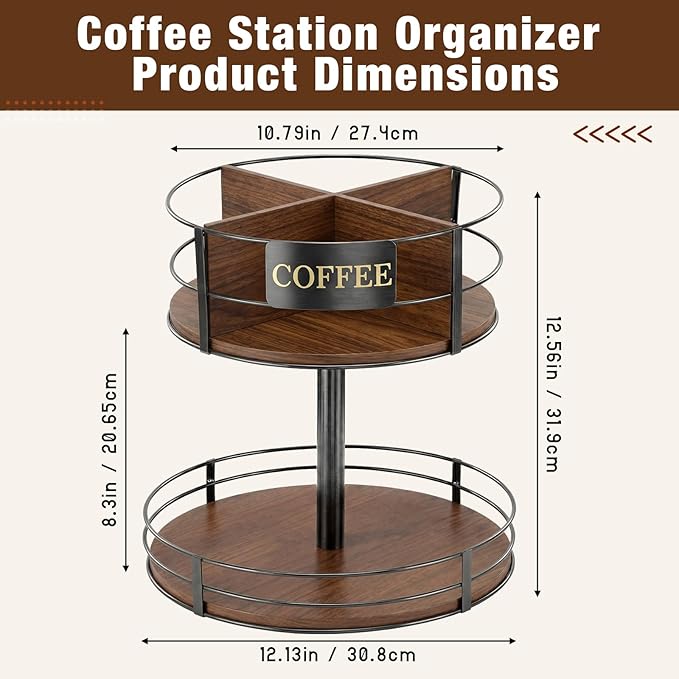Sieral 360° Rotating Coffee Bar Organizer 2 Tier Coffee Bar Lazy Susan Wood Metal Station Organizer Holder with Convenient Grab-and-go for Countertop Pod Syrup Mug Tea Spice Snack Kitchen Office