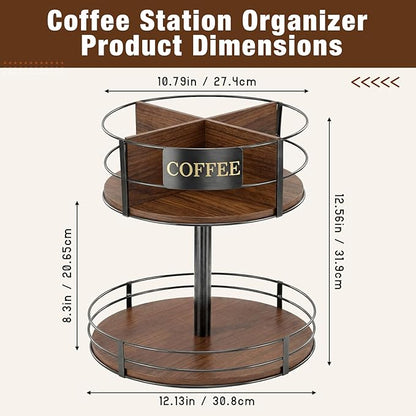 Sieral 360° Rotating Coffee Bar Organizer 2 Tier Coffee Bar Lazy Susan Wood Metal Station Organizer Holder with Convenient Grab-and-go for Countertop Pod Syrup Mug Tea Spice Snack Kitchen Office