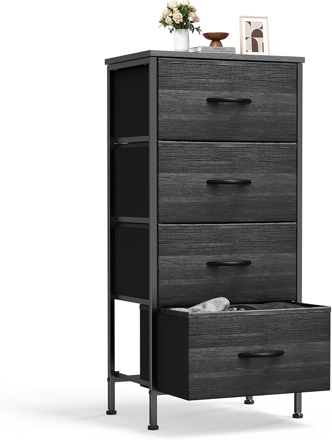 Sweetcrispy 4 Drawer Fabric Dresser Storage Tower Nightstand Chest | Small bedroom dresser and nightstand with sturdy frame,Perfect for closet,entryway,dorm,Black Wood Grain