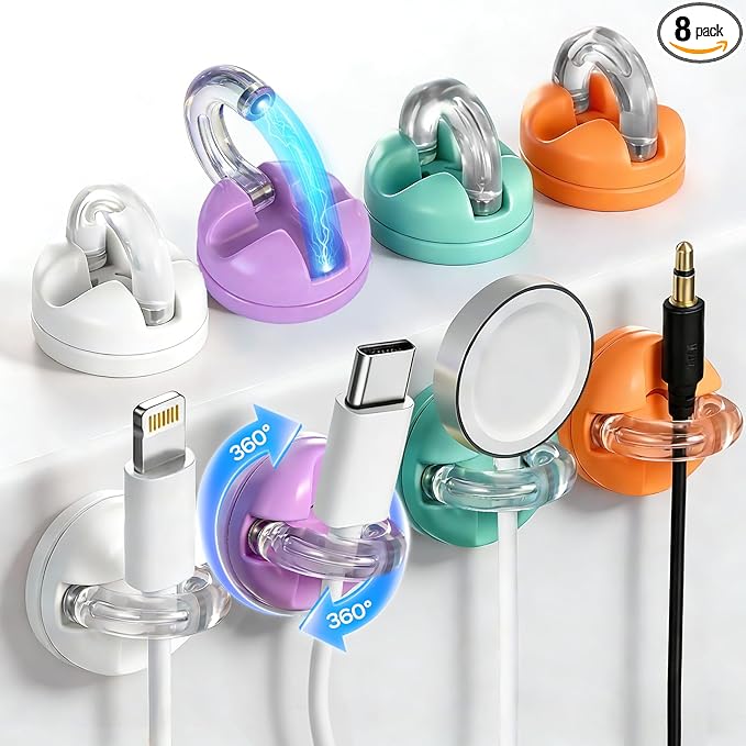 8 Pack Magnetic Cable Clips, Adhesive Cord Organizer 360° Rotatable, Desk Cable Management, Wire Holder Keeper for Nightstand, Wall, Desktop, Office, Home, Car(4 Colors)