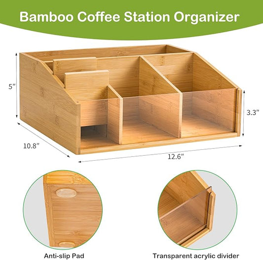 Bamboo Coffee Station Organizer for Countertop, Coffee Bar Accessories Organizer with 6 Compartments for Tea Bags Condiment, Pods, Creamer, Syrup, Cups