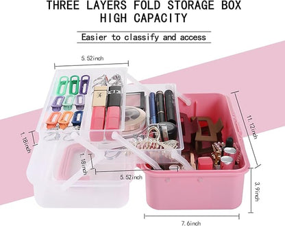 Flower River 11(in) Versatile Three-Layer Folding Organizer Box,Ideal for Art & Crafts,Toys,Sewing Supplies,Jewelry and Tools,Storage with Dual Trays,Elegant Pink
