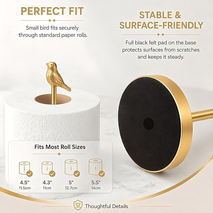 Bird Toilet Paper Holder Stand for 4 Rolls, Cute Animal Bathroom Decor, Funky Decorative Freestanding Toilet Roll Holder - Gold
