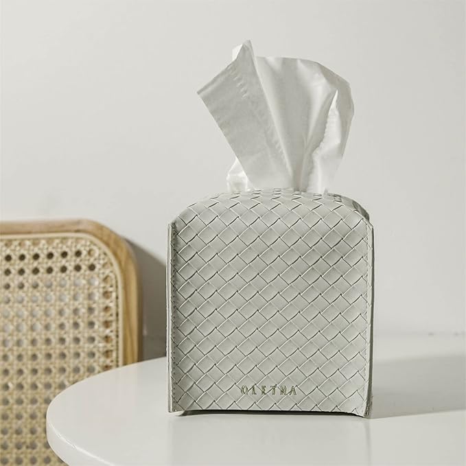 OLETHA Square Tissue Box Cover - Aesthetic Desk Decor for Room, Home & Office - Tissues Cube Boxes Holder - Woven Textured, Grey