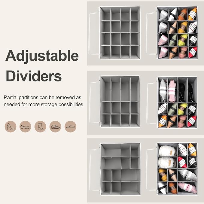 TOPIA HOME Shoe Organizer for Closet, Foldable Shoe Box with Adjustable Dividers and Clear Cover, Space Saving Shoe Storage Organizer Cabinet with Reinforced Handles, Fits 16 Pairs TP09WG
