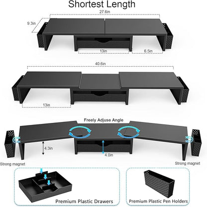 gianotter Dual Monitor Stand Riser, Desk Organizer With Drawer and 2 Pen Holders, Computer Monitor Stand, Shelf for Top of Desk, Black