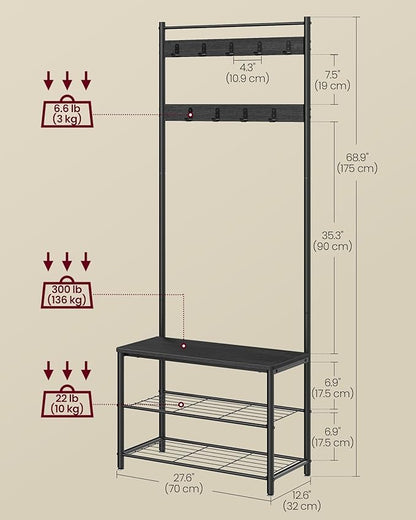 VASAGLE Coat Rack, Hall Tree with Shoe Storage Bench, Entryway Bench with Shoe Storage, 3-in-1, Steel Frame, for Entryway, 12.6 x 27.6 x 68.9 Inches, Industrial, Charcoal Gray UHSR041B01