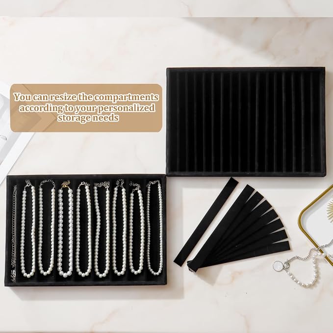 Large Velvet Jewelry Tray 2 Pack Stackable Jewelry Display Drawer Inserts Trays Organizer for Earring Bracelet Necklace Ring (Black, 16 Grids)