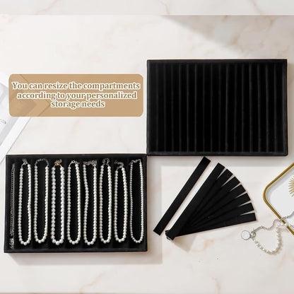 Large Velvet Jewelry Tray 2 Pack Stackable Jewelry Display Drawer Inserts Trays Organizer for Earring Bracelet Necklace Ring (Black, 16 Grids)
