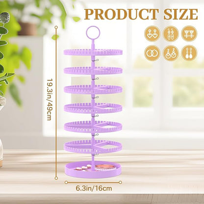 MODOWEY 6 Tier Rotating Earring Holder Organizer Display Tree with Metal Tray, Adjustable Plastic Stand with 342 Slots for Stud Hoop Hanger, Large Capacity Storage Rack for Women, Purple